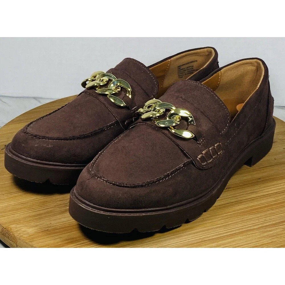 Anne Klein Loafers Brown Faux Suede Chain Detail Size 7M Chunky Preppy Classic